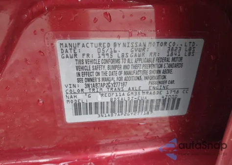 2016 Nissan Sentra Sv from USA, damaged, VIN 3N1AB7AP2GY277187